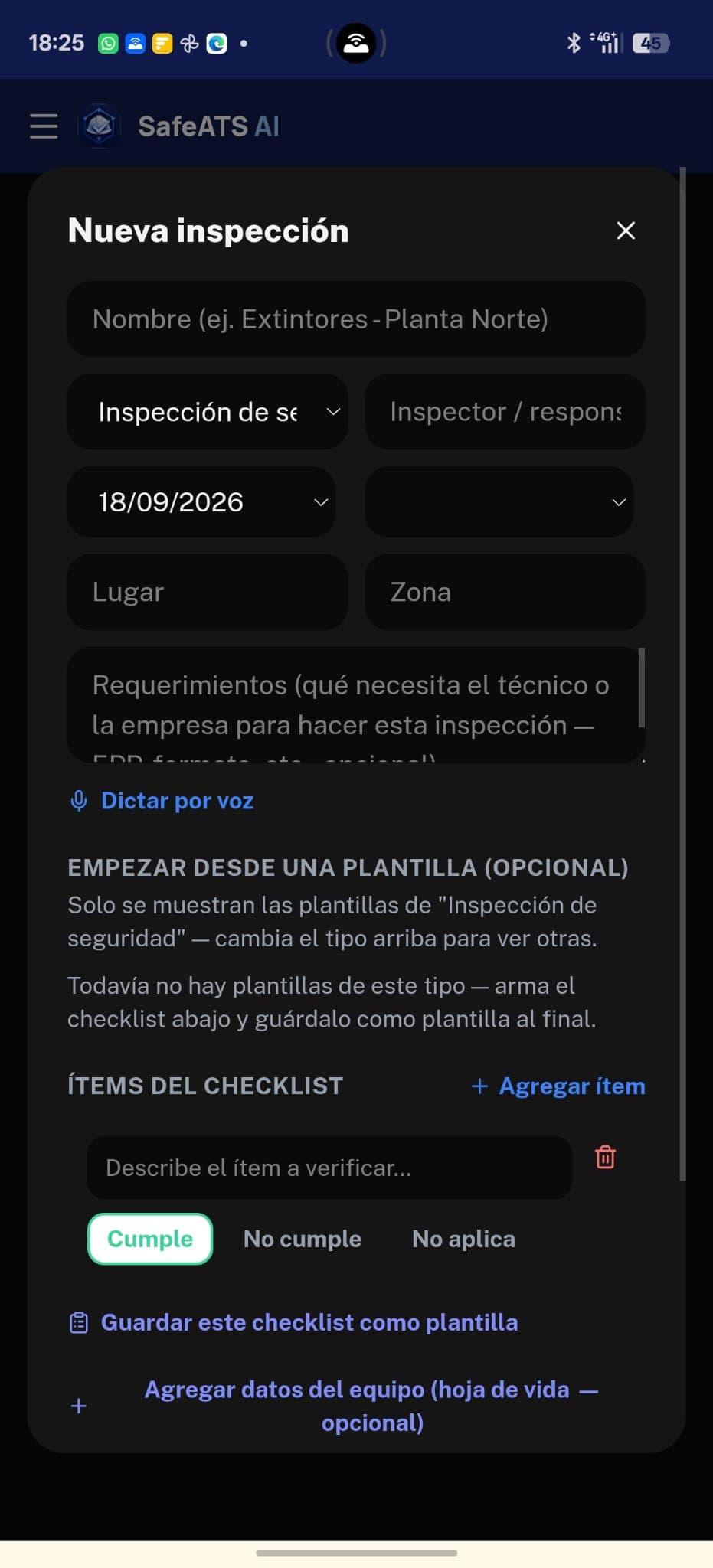 Formulario de nueva inspección en SafeATS AI
